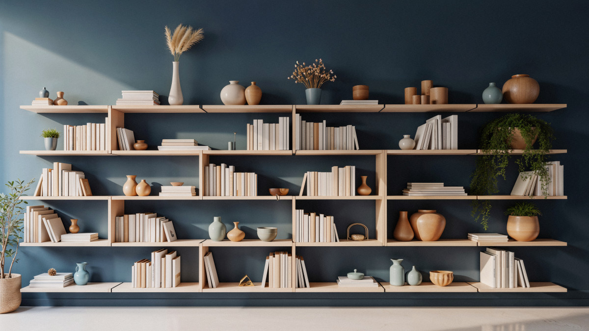 Une bibliothèque moderne et audacieuse posée sur un mur gris bleuté. 